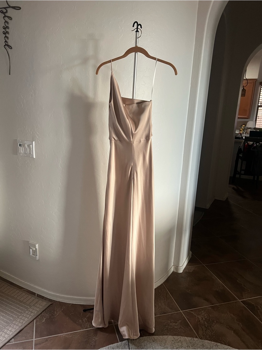 Jenny Yoo One-Shoulder Satin Maxi Dress in Champagne Blush